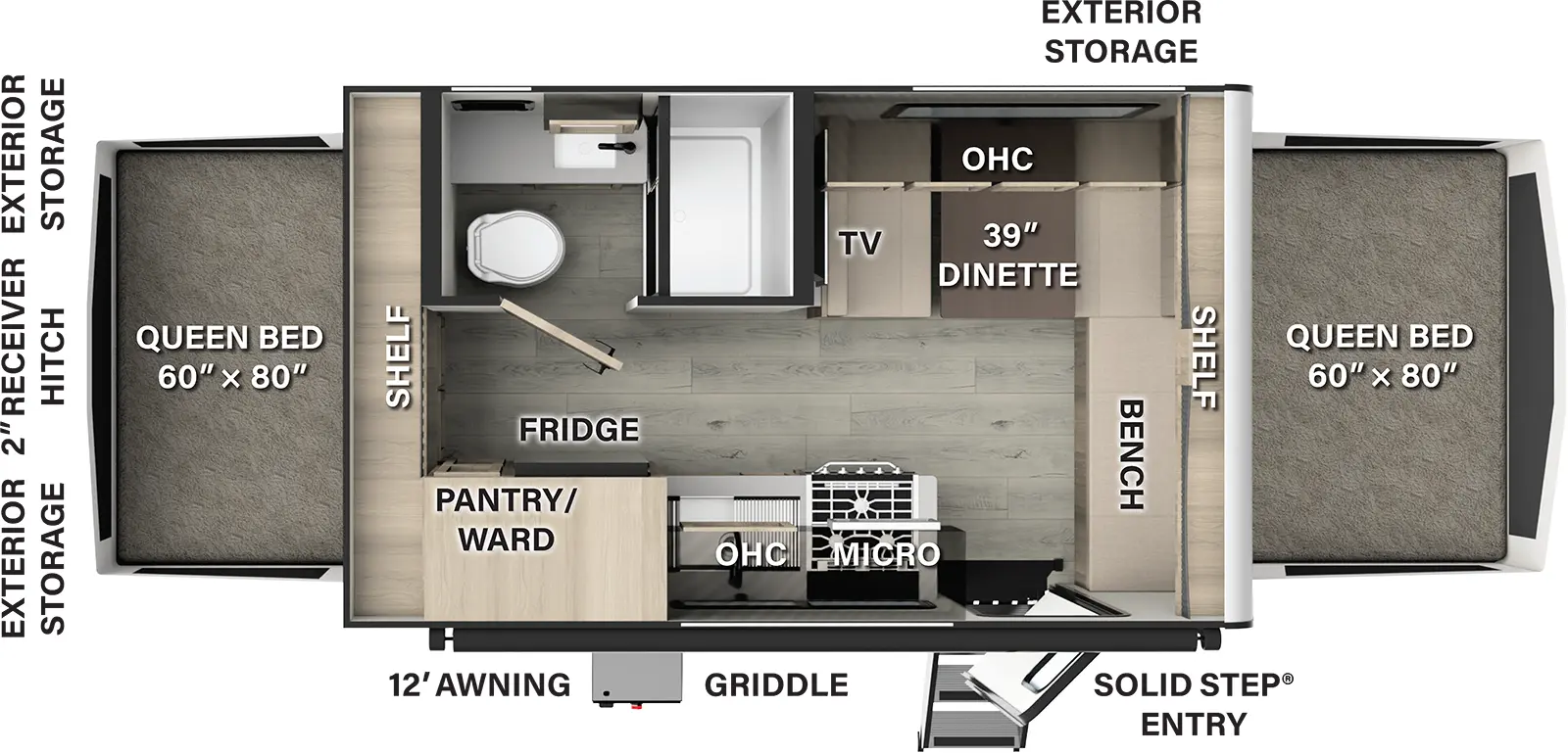 The Rockwood Roo 17E floorplan has one entry and zero slide outs. Exterior features include: fiberglass exterior. 